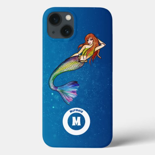 Monogram Name Rainbow Mermaid with Ginger Hair iPhone 13 Case