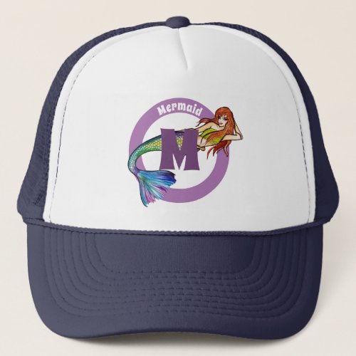 Monogram Name Rainbow Mermaid with Ginger Hair Trucker Hat