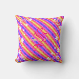 Monogram Name Rainbow Stripe Stars Hearts Girly Throw Pillow