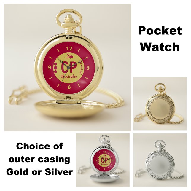 Monogram name red and gold with arrow and dots pocket watch (Creator Uploaded)