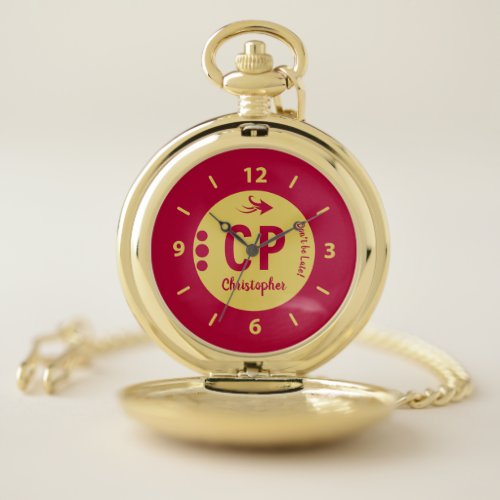 Monogram name red and gold with arrow and dots pocket watch