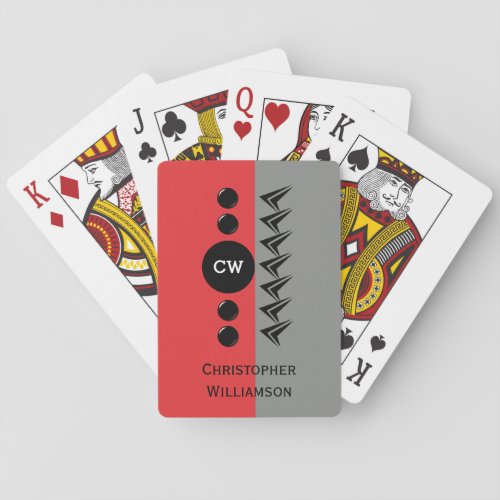 Monogram name red and grey with arrows playing cards