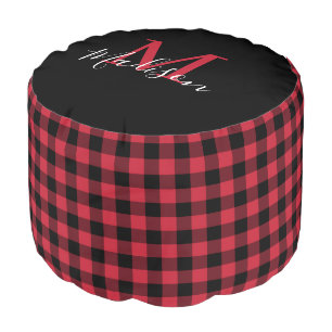 Monogram Name Red Black Buffalo Check Pouf