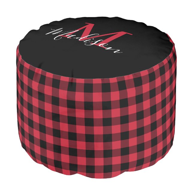 Monogram Name Red Black Buffalo Check Pouf (Angled Front)