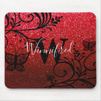 Monogram Name Red Black Ombre Glitter Butterflies Mouse Pad