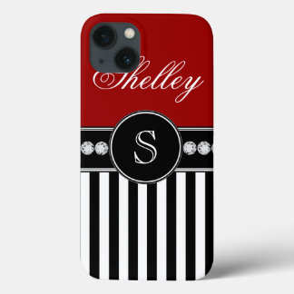 Monogram Name Red Black Stripes Pattern iPhone 13 Case