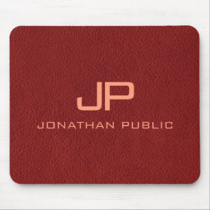 Monogram Name Red Brown Leather Look Template Mouse Pad