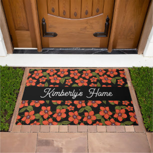 Monogram Name red floral Watercolor Doormat