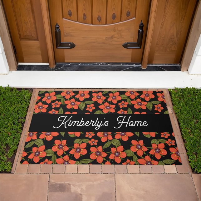 Monogram Name red floral Watercolor Doormat (Outdoor)