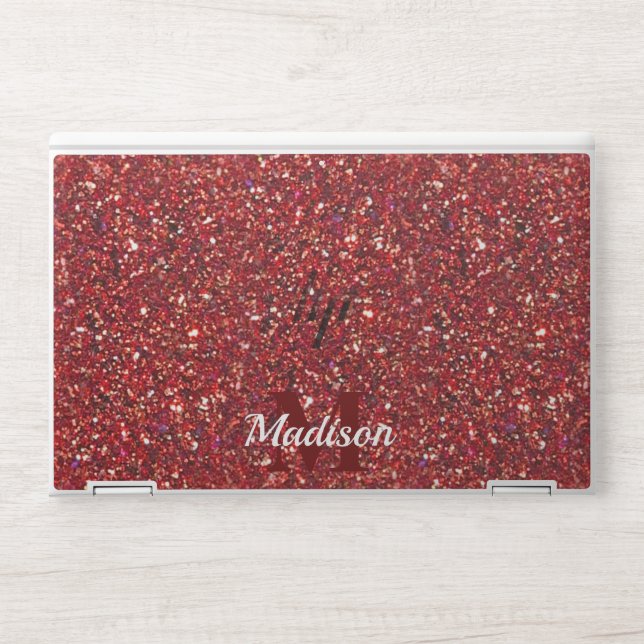 Monogram Name Red Glitter Background HP Laptop Skin (Front)