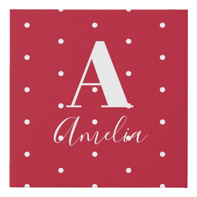 Monogram Name Red Polka Dots Pattern Faux Canvas Print (Front)