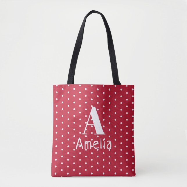 Monogram Name Red Polka Dots Pattern Typography Tote Bag (Front)