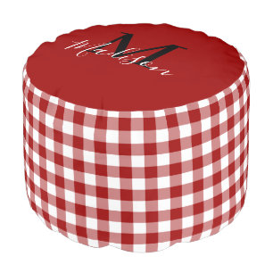 Monogram Name Red White Gingham Pattern Pouf