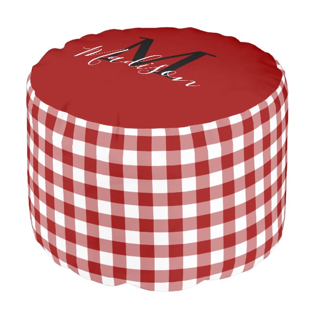 Monogram Name Red White Gingham Pattern Pouf (Angled Front)