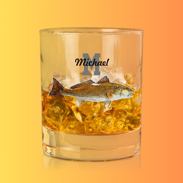 Monogram Name Redfish Fishing Men Sports Outdoor Whiskey Glass (Monogram Saltwater Fishing Redfish Drum Whiskey Glass)