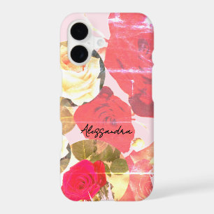 Monogram Name Retro Floral Red Pastel Pink Cream iPhone 17 Case