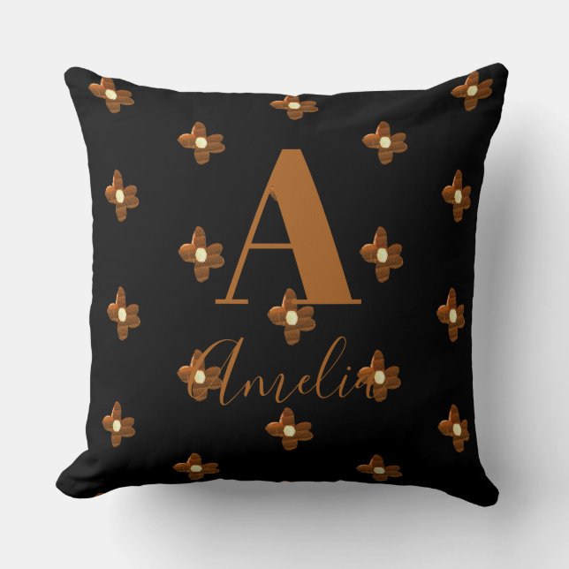 Monogram Name Retro Flower Black Brown Throw Pillow (Front)