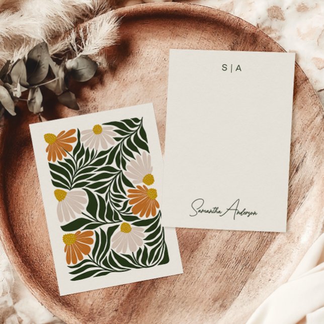 Monogram & Name Retro Vintage-Style Earthy Floral Note Card (Creator Uploaded)