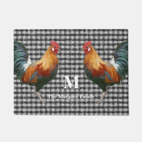 Monogram Name Rooster Red Black and White Check Doormat