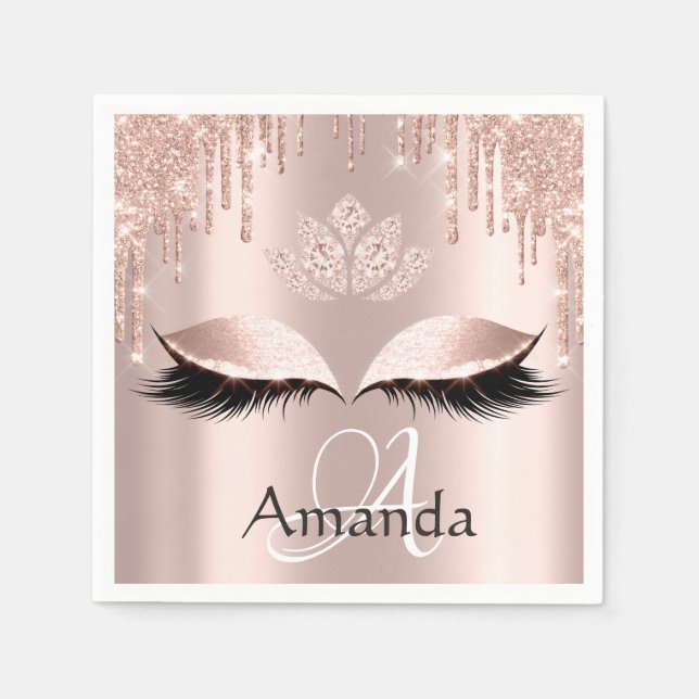 Monogram Name Rose Glitter Drips Spark Diamond Napkins (Front)