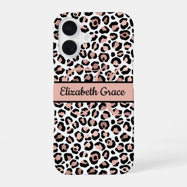 Monogram Name Rose Gold Black Leopard Print Iphone Case (Back)