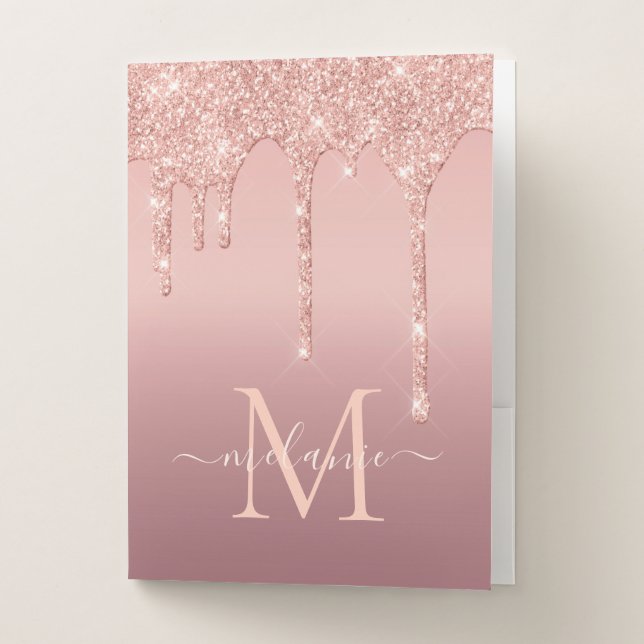 Monogram Name Rose Gold Blush Gliter Pocket Folder (Front)