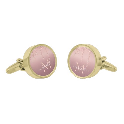 Monogram Name Rose Gold Blush Glitter Cufflinks