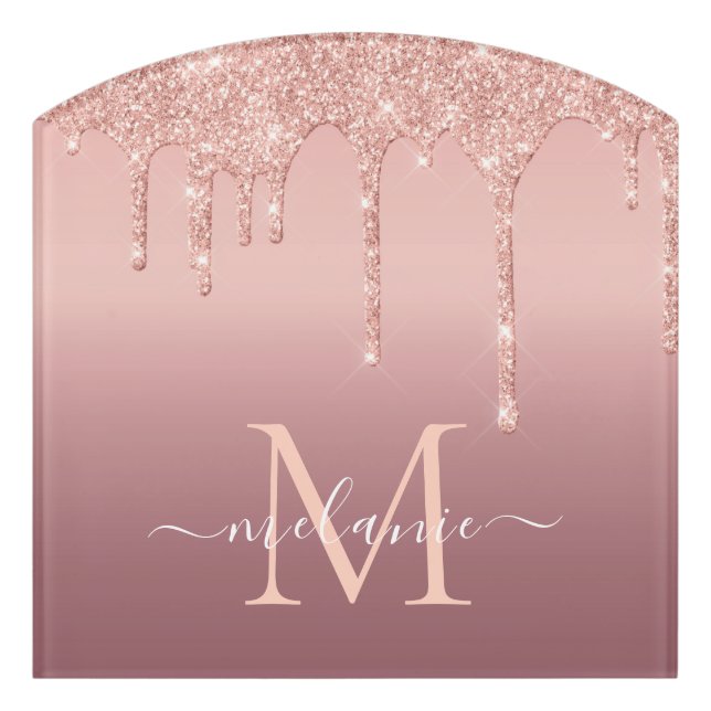Monogram Name Rose Gold Blush Glitter Door Sign (Contour Front)
