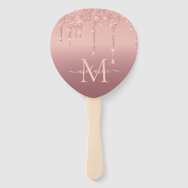 Monogram Name Rose Gold Blush Glitter Hand Fan (Back)