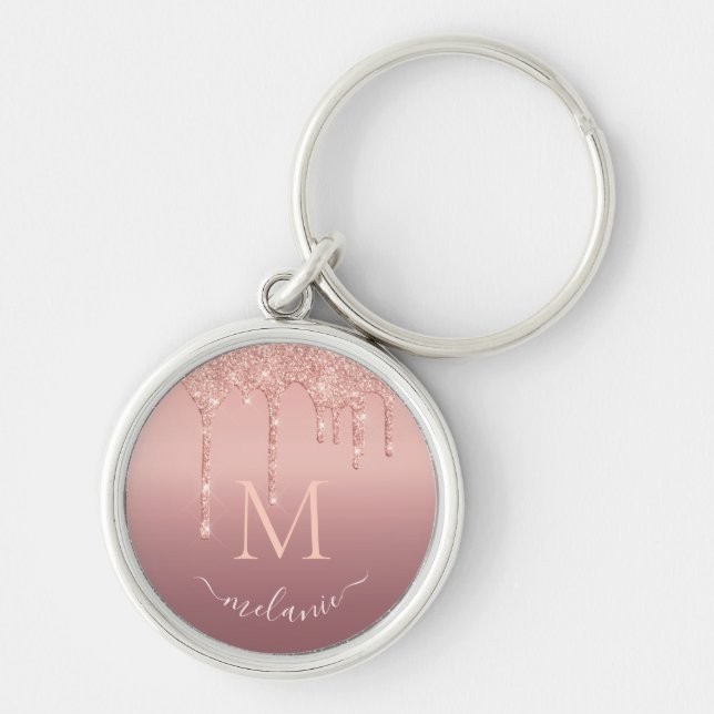 Monogram Name Rose Gold Blush Glitter Keychain (Front)