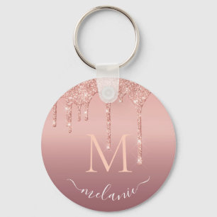 Monogram Name Rose Gold Blush Glitter Keychain