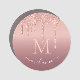 Monogram Name Rose Gold Blush Glitter Sparkle Car Magnet