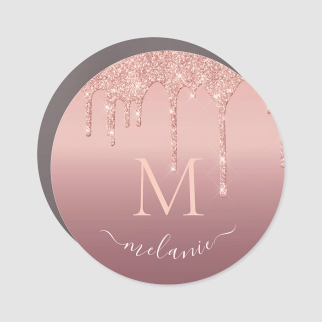 Monogram Name Rose Gold Blush Glitter Sparkle Car Magnet (Front)