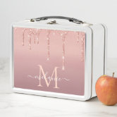 Pink Rose Gold Glitter & Sparkle Monogram Metal Lunch Box