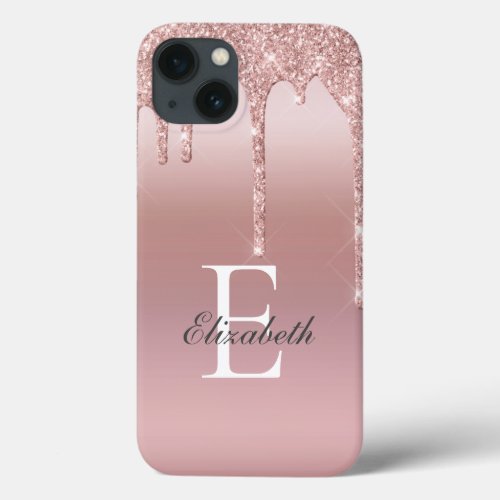 Monogram Name Rose Gold Drip Glitter Blush Pink  iPhone 13 Case