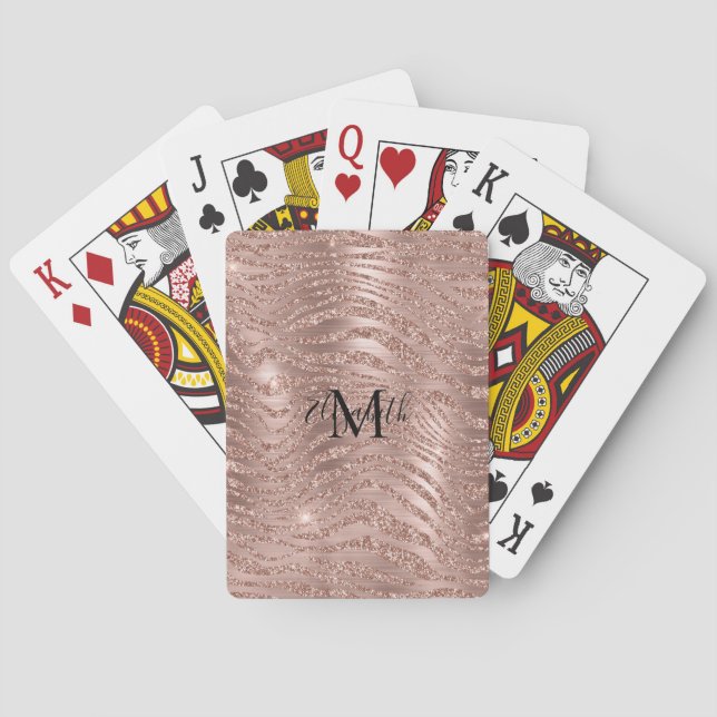 Monogram Name Rose Gold Glitter Animal Print  Poker Cards (Back)