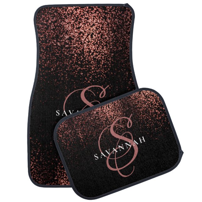 Monogram Name Rose Gold Glitter Modern Script Car Floor Mat (Set)
