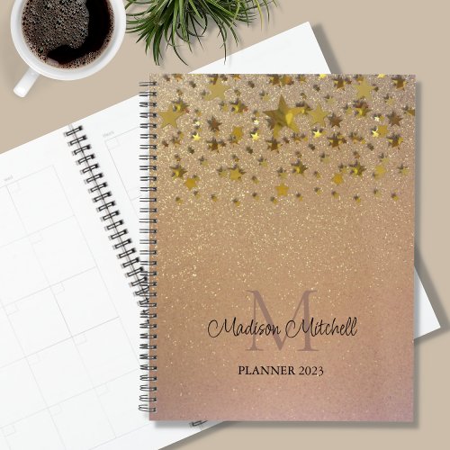 Monogram Name Rose Gold Glitter Stars 2023 Planner