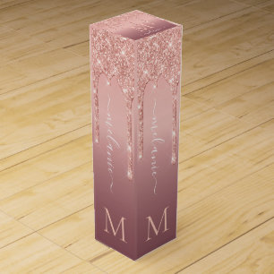 Monogram Name Rose Gold Glitter Wine Gift Box