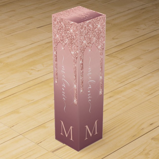Monogram Name Rose Gold Glitter Wine Gift Box (Front)
