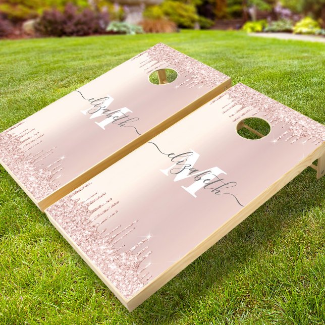 Monogram Name Rose Gold Pink Glitter Drips Script Cornhole Set (Creator Uploaded)