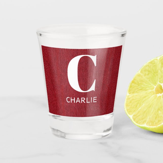 Monogram Name, Ruby Red Denim Print 1.5oz Shot Glass (Front)