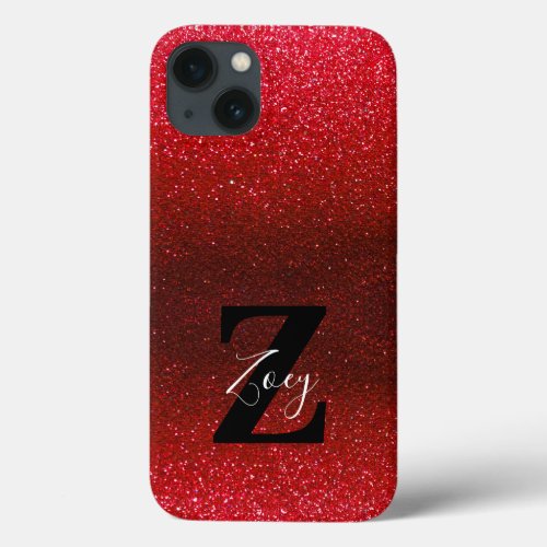 Monogram Name Ruby Red Ombre Glitter Sparkles iPhone 13 Case