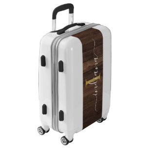 Monogram Name Rustic Dark Wood Script Travel Luggage