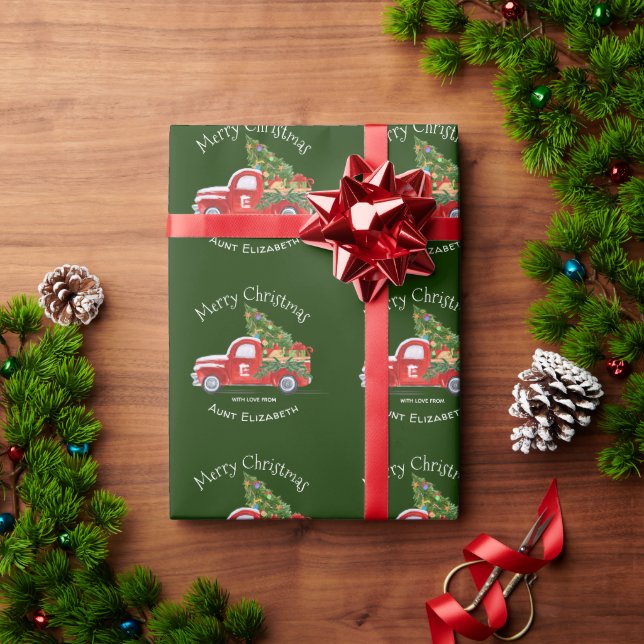 Monogram Name Rustic Red Truck Green Christmas   Wrapping Paper (Holiday Gift)