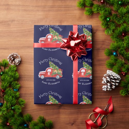 Monogram Name Rustic Red Truck Navy Christmas Wrapping Paper