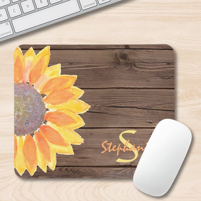 Monogram Name Rustic Sunflower Wood  Mouse Pad (Creator Uploaded)