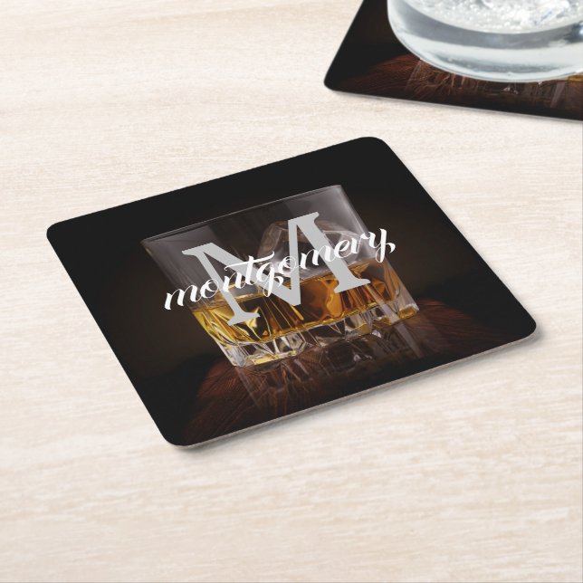 Monogram Name Rustic Whiskey Glass Square Paper Coaster (Angled)