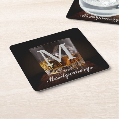 Monogram Name Rustic Whiskey Glass Square Paper Coaster