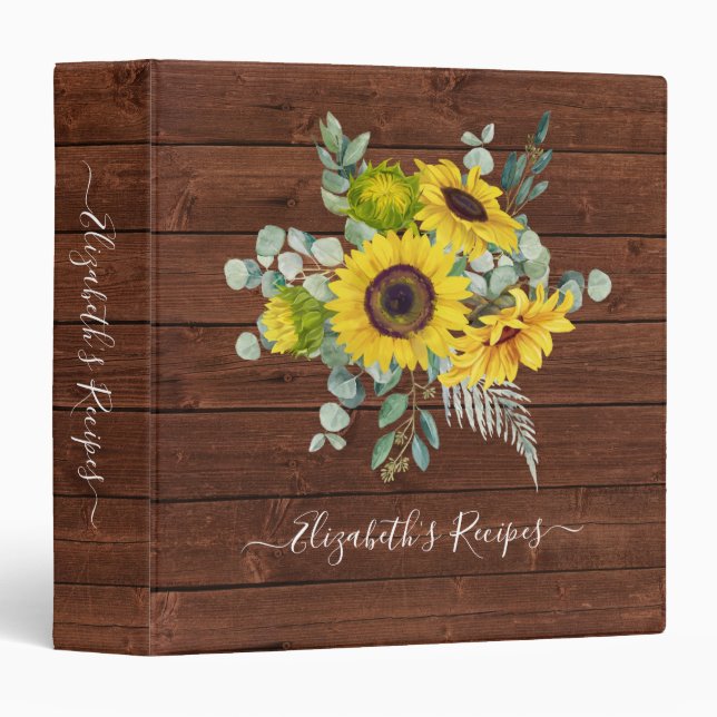 Monogram Name Rustic Wood Sunflower Recipe  3 Ring Binder (Front/Spine)